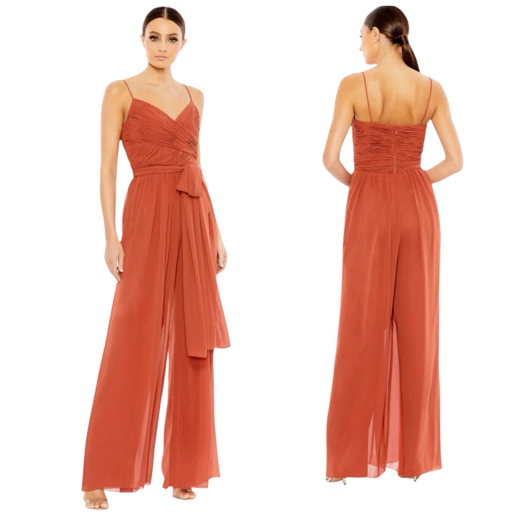 Ieena For Macduggal Orange Ruched Sleeveless Tie Jumpsuit Size Medium